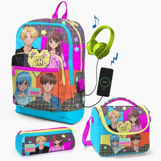 Coral High Kids Gri Mavi Pembe Anime Desenli USB'li 3’lü Okul Çanta Seti SET0123837 
