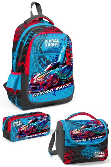 Coral High Kids Gri Mavi Yarış Arabası Desenli 3’lü Okul Çanta Seti SET0123652 - Coral High