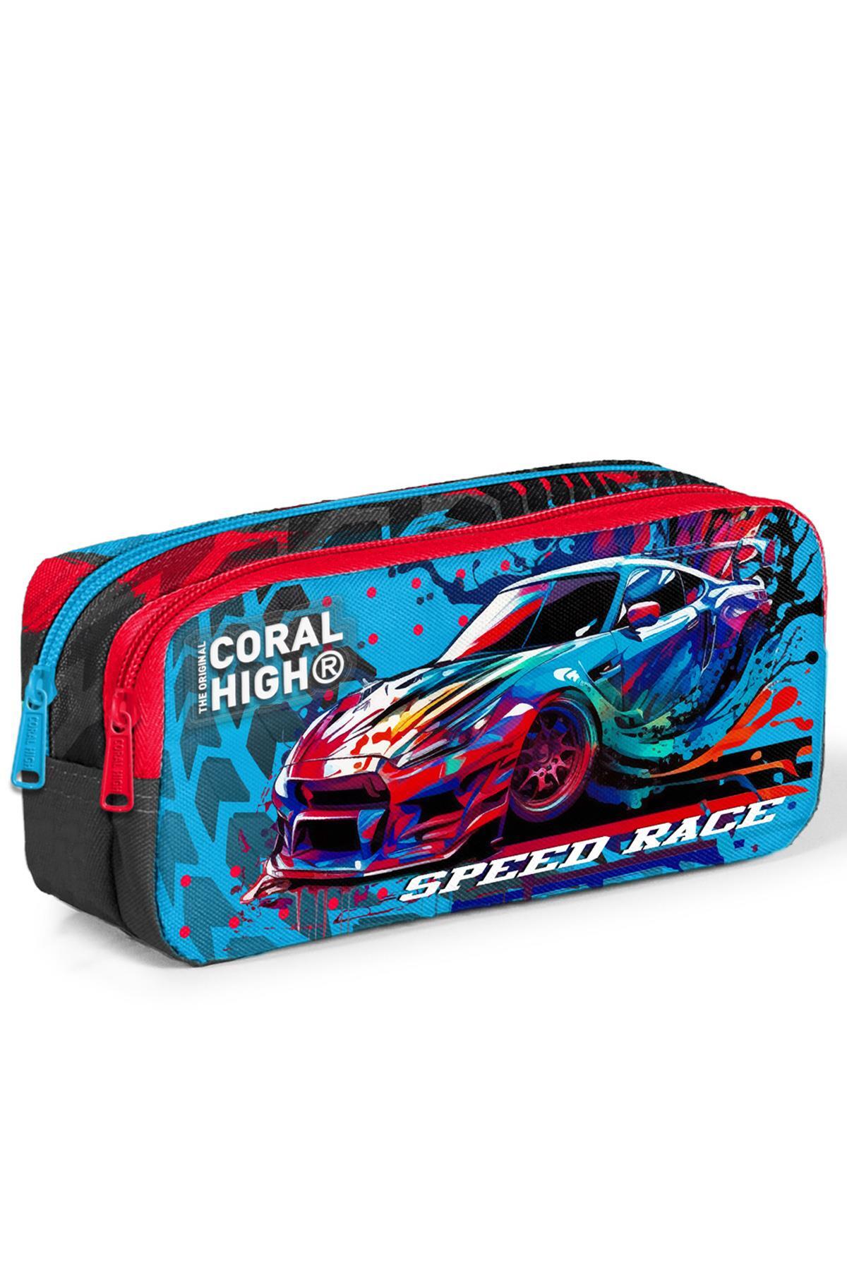 Coral High Kids Gri Mavi Yarış Arabası Desenli İki Bölmeli Kalem Çantası 12085