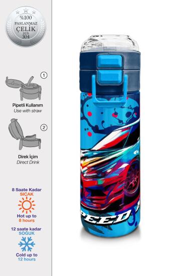 Coral High Kids Gri Mavi Yarış Arabası Desenli Pipetli ve Direkt İçim Çelik Termos 500 ml 31815 - Coral High KIDS