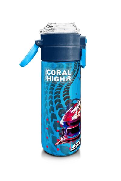 Coral High Kids Gri Mavi Yarış Arabası Desenli Pipetli ve Direkt İçim Çelik Termos 500 ml 31815 - 2