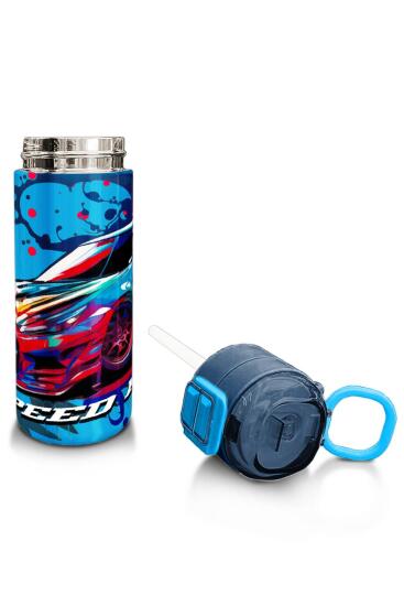 Coral High Kids Gri Mavi Yarış Arabası Desenli Pipetli ve Direkt İçim Çelik Termos 500 ml 31815 - 4
