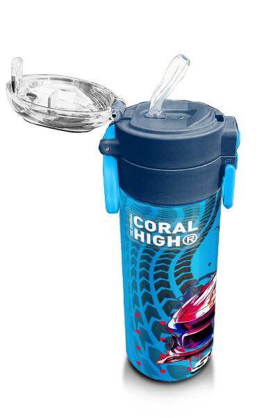 Coral High Kids Gri Mavi Yarış Arabası Desenli Pipetli ve Direkt İçim Çelik Termos 500 ml 31815 - 5