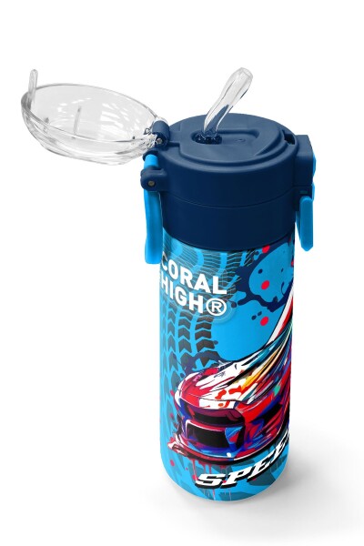 Coral High Kids Gri Mavi Yarış Arabası Desenli Pipetli ve Direkt İçim Çelik Termos 500 ml 31815 - 5
