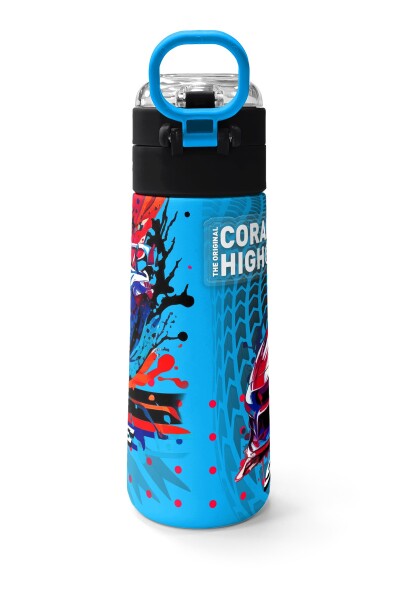 Coral High Kids Gri Mavi Yarış Arabası Desenli Pipetli ve Direkt İçim Çelik Termos 500 ml 31815 - 4