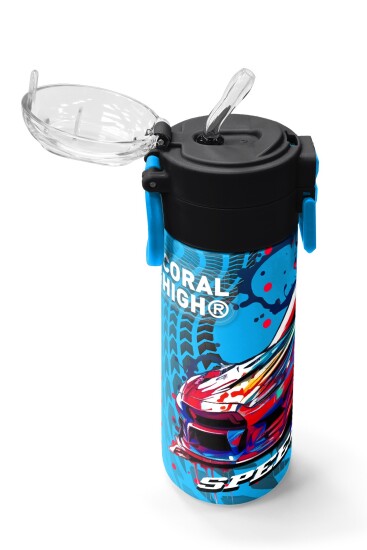 Coral High Kids Gri Mavi Yarış Arabası Desenli Pipetli ve Direkt İçim Çelik Termos 500 ml 31815 - 5