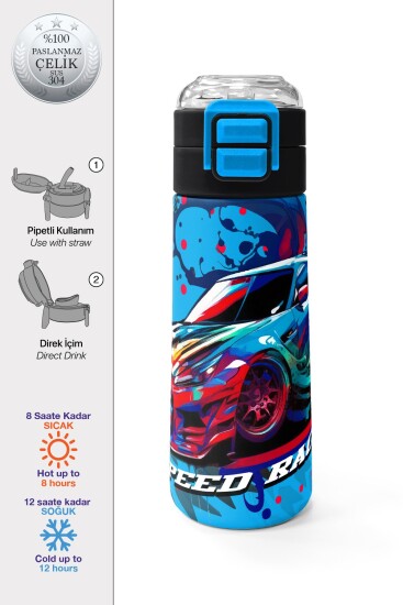 Coral High Kids Gri Mavi Yarış Arabası Desenli Pipetli ve Direkt İçim Çelik Termos 500 ml 31815 