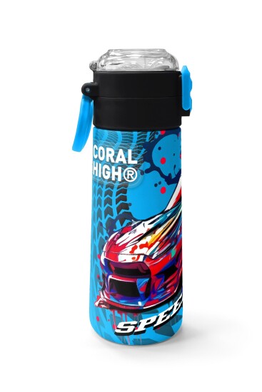 Coral High Kids Gri Mavi Yarış Arabası Desenli Pipetli ve Direkt İçim Çelik Termos 500 ml 31815 - 2