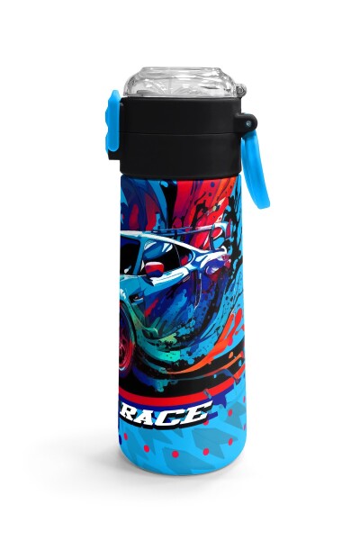 Coral High Kids Gri Mavi Yarış Arabası Desenli Pipetli ve Direkt İçim Çelik Termos 500 ml 31815 - 3