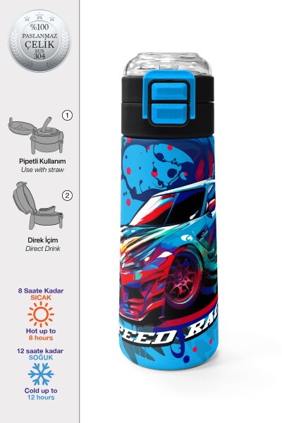 Coral High Kids Gri Mavi Yarış Arabası Desenli Pipetli ve Direkt İçim Çelik Termos 500 ml 31815 - 1