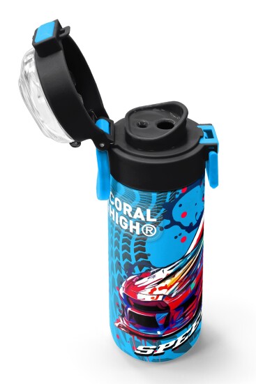 Coral High Kids Gri Mavi Yarış Arabası Desenli Pipetli ve Direkt İçim Çelik Termos 500 ml 31815 - 6