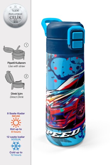 Coral High Kids Gri Mavi Yarış Arabası Desenli Pipetli ve Direkt İçim Çelik Termos 500 ml 31815 