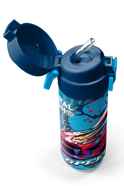 Coral High Kids Gri Mavi Yarış Arabası Desenli Pipetli ve Direkt İçim Çelik Termos 500 ml 31815 - 2