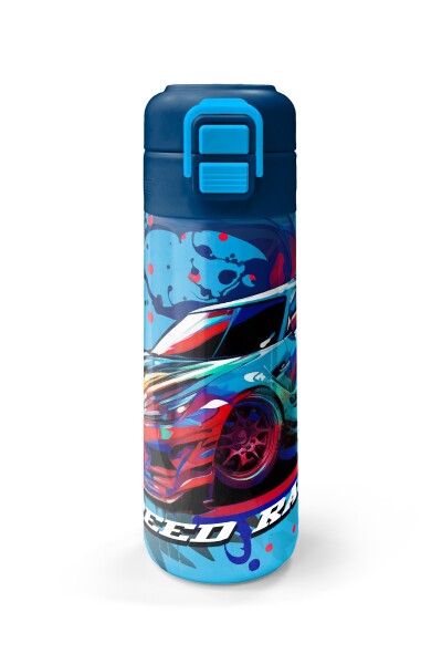 Coral High Kids Gri Mavi Yarış Arabası Desenli Pipetli ve Direkt İçim Çelik Termos 500 ml 31815 - 4