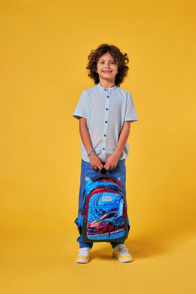 Coral High Kids Gri Mavi Yarış Arabası Desenli Üç Bölmeli Okul Sırt Çantası 23652 - 7