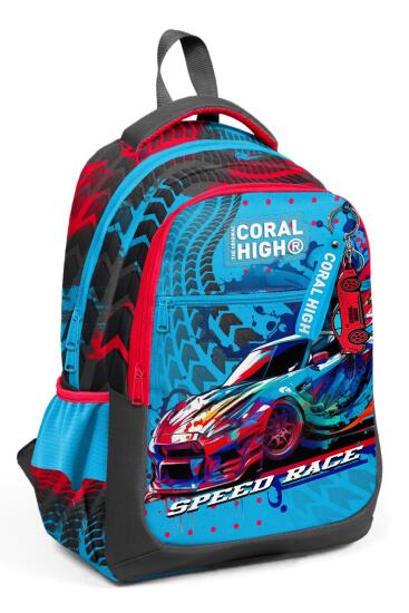 Coral High Kids Gri Mavi Yarış Arabası Desenli Üç Bölmeli Okul Sırt Çantası 23652 - Coral High KIDS