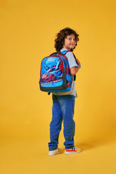 Coral High Kids Gri Mavi Yarış Arabası Desenli Üç Bölmeli Okul Sırt Çantası 23652 - 2