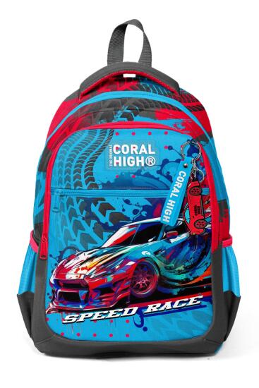Coral High Kids Gri Mavi Yarış Arabası Desenli Üç Bölmeli Okul Sırt Çantası 23652 - 11