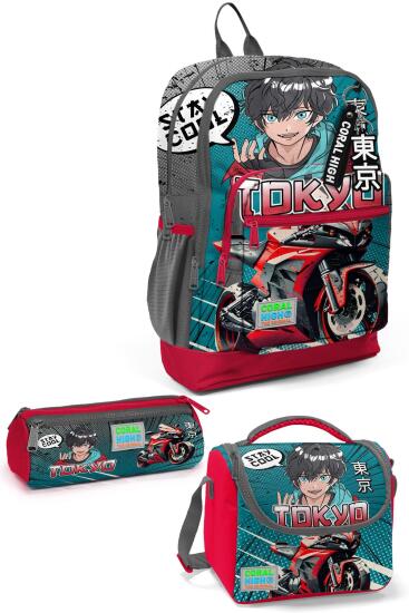 Coral High Kids Gri Nefti Anime Motorsiklet Desenli 3’lü Okul Çanta Seti SET0123764 - Coral High