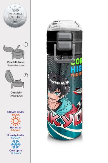 Coral High Kids Gri Nefti Anime Motorsiklet Desenli Pipetli ve Direkt İçim Çelik Termos 500 ml 31965 - Coral High KIDS