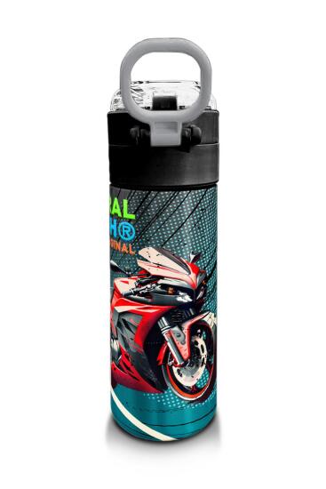 Coral High Kids Gri Nefti Anime Motorsiklet Desenli Pipetli ve Direkt İçim Çelik Termos 500 ml 31965 - 3