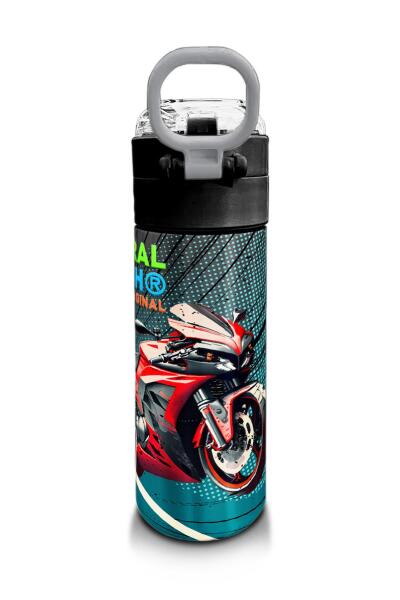 Coral High Kids Gri Nefti Anime Motorsiklet Desenli Pipetli ve Direkt İçim Çelik Termos 500 ml 31965 - 3