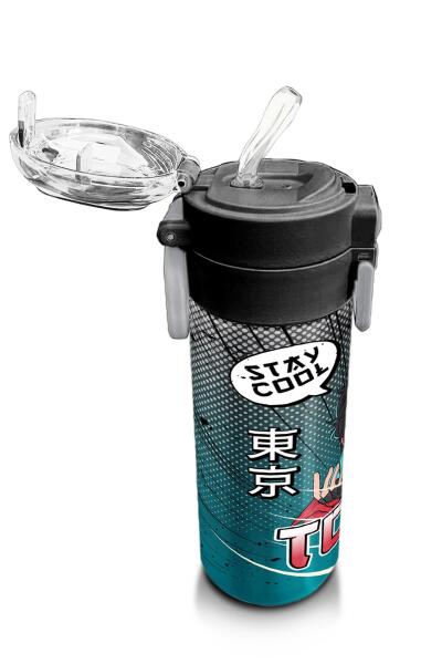 Coral High Kids Gri Nefti Anime Motorsiklet Desenli Pipetli ve Direkt İçim Çelik Termos 500 ml 31965 - 5