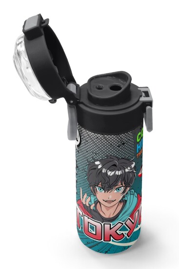 Coral High Kids Gri Nefti Anime Motorsiklet Desenli Pipetli ve Direkt İçim Çelik Termos 500 ml 31965 - 6