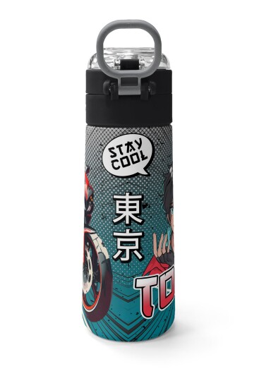 Coral High Kids Gri Nefti Anime Motorsiklet Desenli Pipetli ve Direkt İçim Çelik Termos 500 ml 31965 - 4