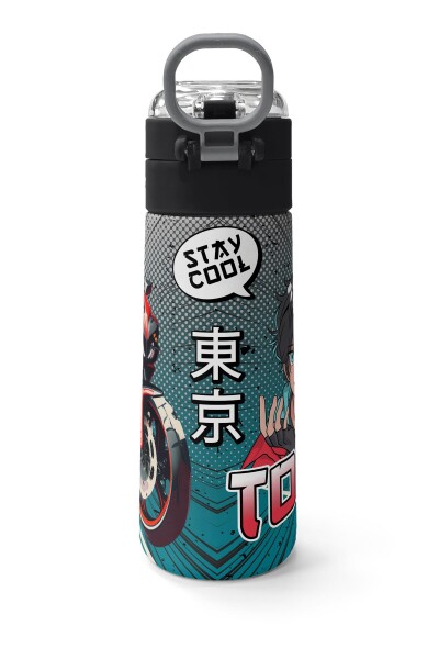 Coral High Kids Gri Nefti Anime Motorsiklet Desenli Pipetli ve Direkt İçim Çelik Termos 500 ml 31965 - 4