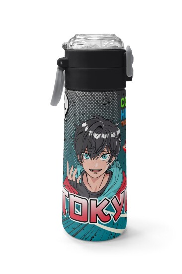 Coral High Kids Gri Nefti Anime Motorsiklet Desenli Pipetli ve Direkt İçim Çelik Termos 500 ml 31965 - 2