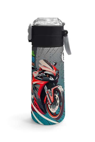 Coral High Kids Gri Nefti Anime Motorsiklet Desenli Pipetli ve Direkt İçim Çelik Termos 500 ml 31965 - 3
