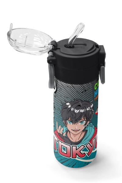 Coral High Kids Gri Nefti Anime Motorsiklet Desenli Pipetli ve Direkt İçim Çelik Termos 500 ml 31965 - 5