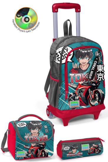 Coral High Kids Gri Nefti Anime Motorsiklet Desenli Üç Bölmeli Çekçekli 3'lü Çanta Seti SET0123964 - Coral High