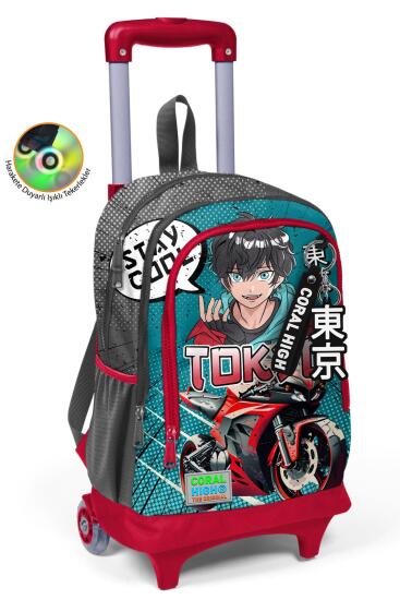 Coral High Kids Gri Nefti Anime Motorsiklet Desenli Üç Bölmeli Çekçekli Okul Sırt Çantası 23964 - Coral High KIDS
