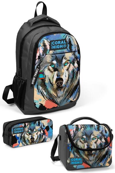 Coral High Kids Gri Siyah Kurt Desenli 3’lü Okul Çanta Seti SET0114404 - 1