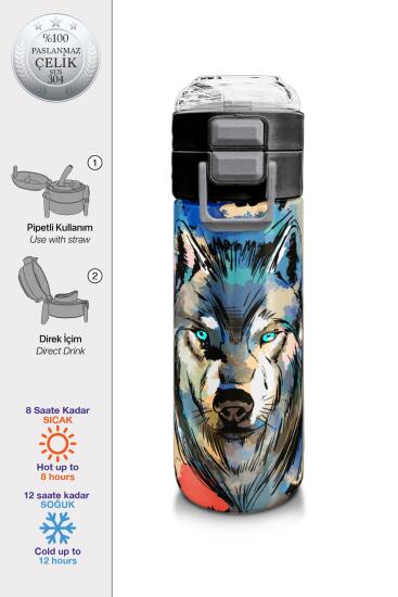 Coral High Kids Gri Siyah Kurt Desenli Pipetli ve Direkt İçim Çelik Termos 500 ml 31832 - Coral High KIDS