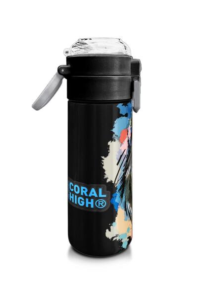 Coral High Kids Gri Siyah Kurt Desenli Pipetli ve Direkt İçim Çelik Termos 500 ml 31832 - 2