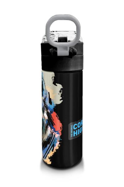 Coral High Kids Gri Siyah Kurt Desenli Pipetli ve Direkt İçim Çelik Termos 500 ml 31832 - 3