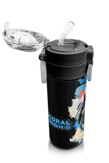 Coral High Kids Gri Siyah Kurt Desenli Pipetli ve Direkt İçim Çelik Termos 500 ml 31832 - 5