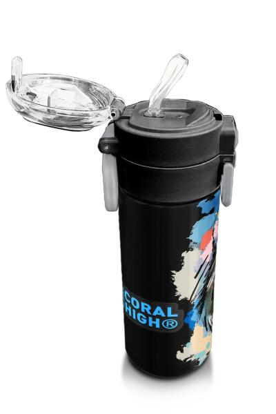 Coral High Kids Gri Siyah Kurt Desenli Pipetli ve Direkt İçim Çelik Termos 500 ml 31832 - 5