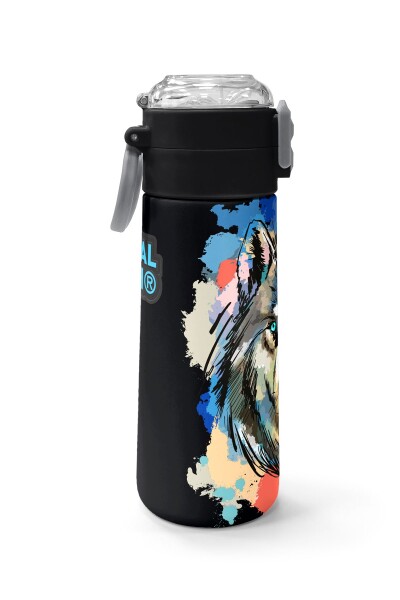 Coral High Kids Gri Siyah Kurt Desenli Pipetli ve Direkt İçim Çelik Termos 500 ml 31832 - 2