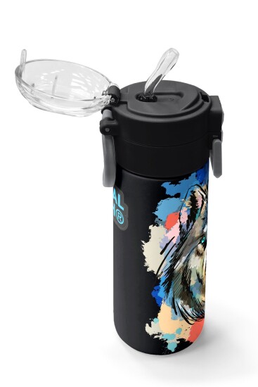 Coral High Kids Gri Siyah Kurt Desenli Pipetli ve Direkt İçim Çelik Termos 500 ml 31832 - 5