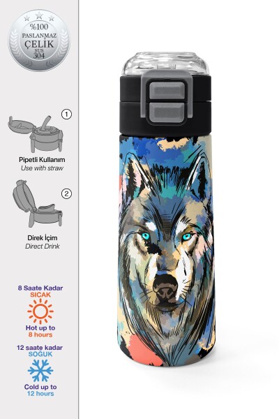 Coral High Kids Gri Siyah Kurt Desenli Pipetli ve Direkt İçim Çelik Termos 500 ml 31832 - 1