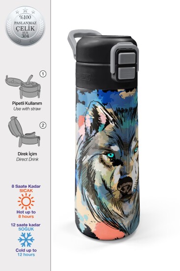 Coral High Kids Gri Siyah Kurt Desenli Pipetli ve Direkt İçim Çelik Termos 500 ml 31832 