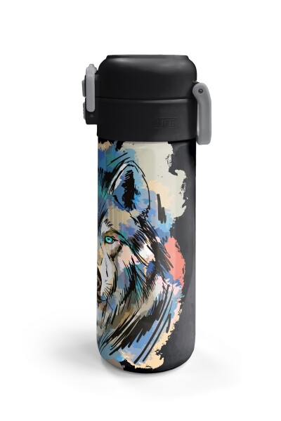 Coral High Kids Gri Siyah Kurt Desenli Pipetli ve Direkt İçim Çelik Termos 500 ml 31832 - 6