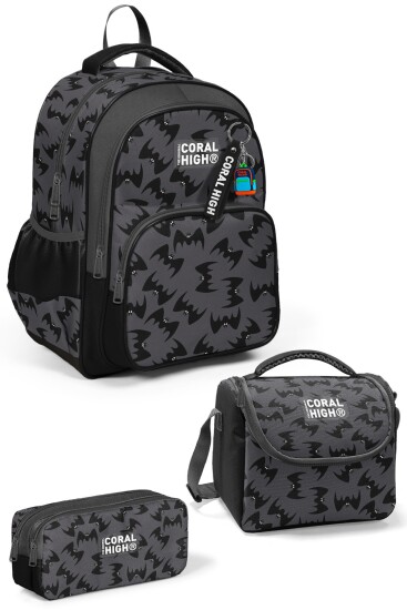 Coral High Kids Gri Siyah Yarasa Desenli 3'lü Okul Çanta Seti SET0133244 - Coral High