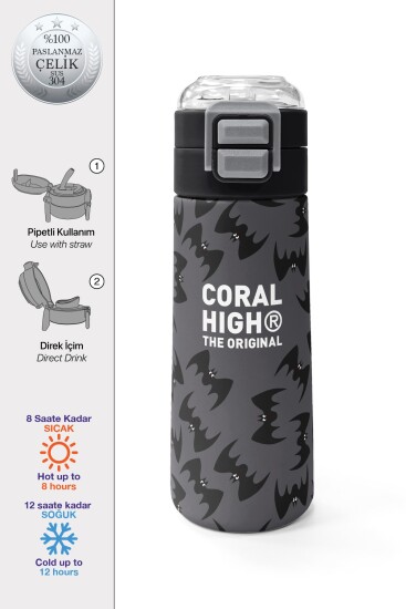 Coral High Kids Gri Siyah Yarasa Desenli Pipetli ve Direkt İçim Çelik Termos 500 ml 38126 - Coral High