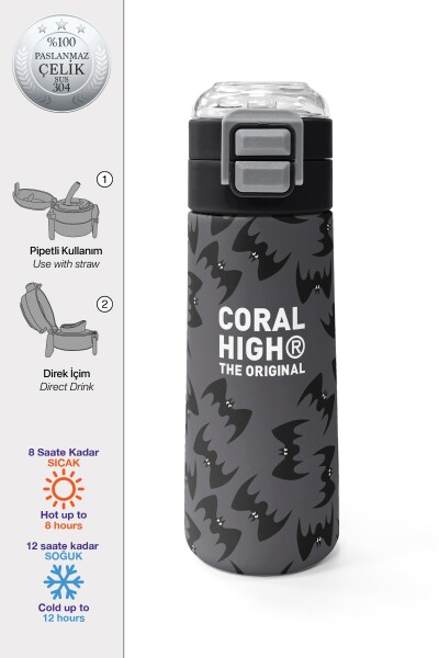 Coral High Kids Gri Siyah Yarasa Desenli Pipetli ve Direkt İçim Çelik Termos 500 ml 38126 - 1