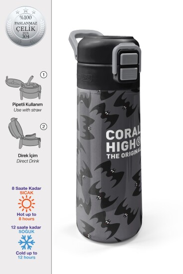 Coral High Kids Gri Siyah Yarasa Desenli Pipetli ve Direkt İçim Çelik Termos 500 ml 38126 